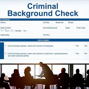 A computer screen shows a criminal background check form- Moss Bollinger LLP