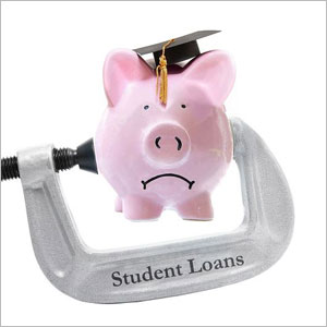 A piggy bank trapped in a clamp labeled “Student Loans- Moss Bollinger LLP