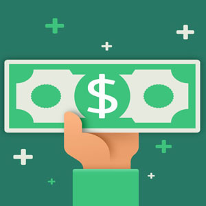 A hand holds a dollar with plus symbols on a green background- Moss Bollinger LLP
