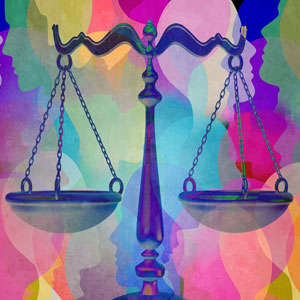 A colorful artwork of balanced scales against a vibrant, abstract background- Moss Bollinger LLP