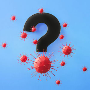 A blue background with a question mark and red viruses- Moss Bollinger LLP