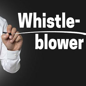 A hand underlines “Whistle-blower” in bold white letters on a dark background- Moss Bollinger LLP
