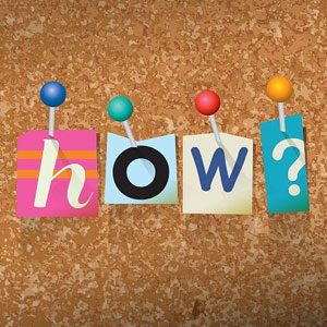 Colorful "How?" notes on cork board with vibrant push pins, each letter styled uniquely, creating a playful and creative atmosphere- Moss Bollinger LLP