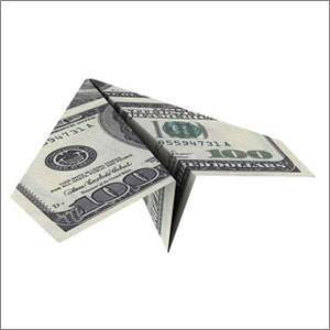 A paper airplane made of money on a white background- Moss Bollinger LLP