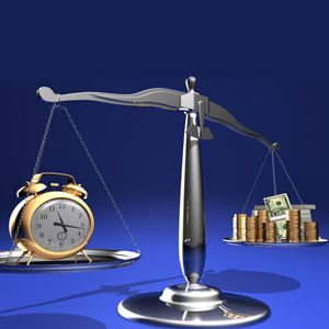 A balanced scale: time (clock) vs. money (coins & bills). Equilibrium symbolizes wage & hour laws- Moss Bollinger LLP