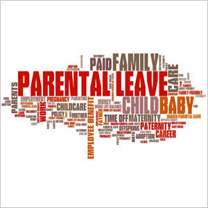 A word cloud in the shape of a baby carriage, highlighting terms related to parental leave- Moss Bollinger LLP