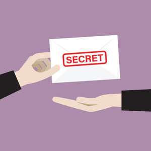 Two hands exchange a white envelope marked “SECRET” against a purple background- Moss Bollinger LLP