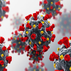 Close-up of gray spheres with red and yellow spikes, representing coronavirus particles on a blurred background- Moss Bollinger LLP