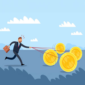 A businessman sprinting with gold coins in his hands - Moss Bollinger LLP