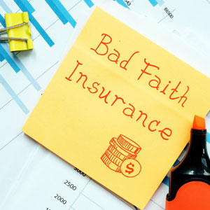 A yellow sticky note with the words "Bad Faith Insurance - Moss Bollinger LLP