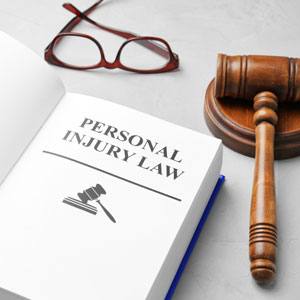 A personal injury law book, gavel, and glasses - Moss Bollinger LLP