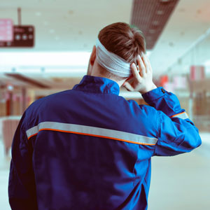 A man wearing a headband in an airport, possibly for personal injury reasons. - Moss Bollinger LLP